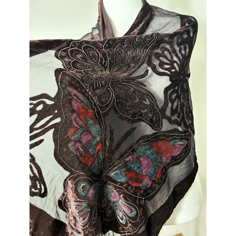 Butterfly Burnout Velvet Rectangular Scarf Brown Preppy Fairy Grunge